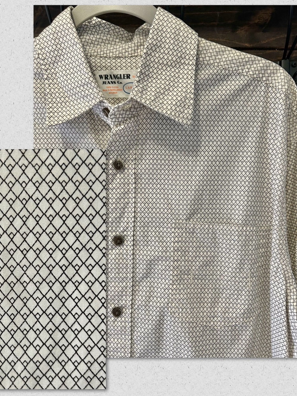 100% Cotton Wrangler Jeans Y2K Ivory Print Long Sleeve Shirt Retro 70s Western L